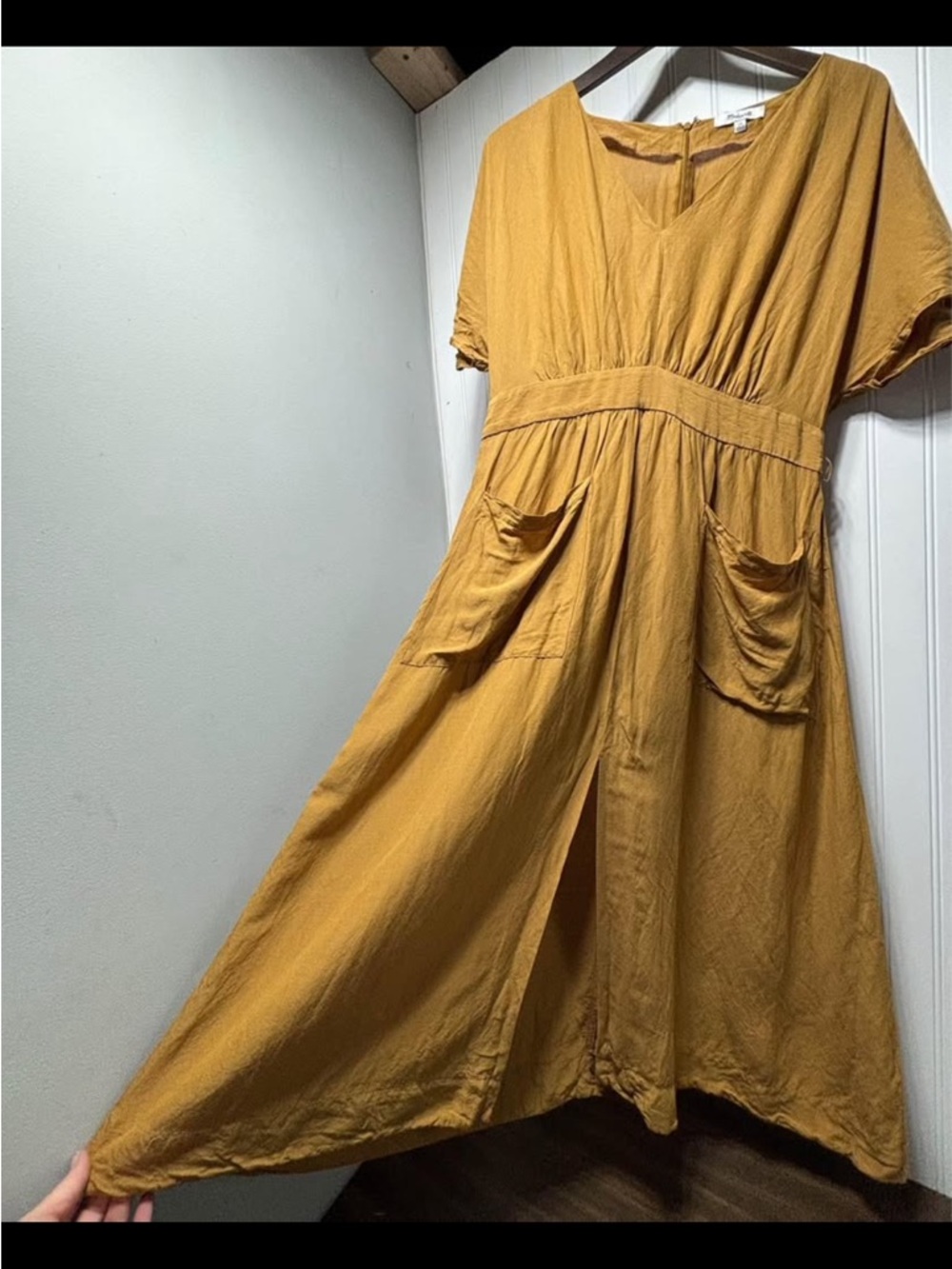 Madewell Mustard Yellow V-Neck Midi Dress with Pockets